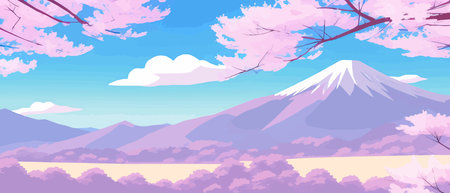 Sunny spring landscape with blossoming tree on the hill. Rose petals fly from sakura. Fluffy cartoon clouds on a clearのイラスト素材