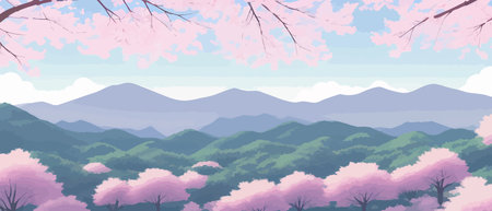 Sunny spring landscape with blossoming tree on the hill. Rose petals fly from sakura. Fluffy cartoon clouds on a clearのイラスト素材