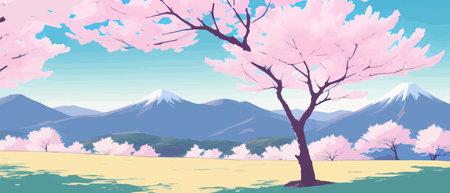 Sunny spring landscape with blossoming tree on the hill. Rose petals fly from sakura. Fluffy cartoon clouds on a clearのイラスト素材