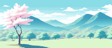 Sunny spring landscape with blossoming tree on the hill. Rose petals fly from sakura. Fluffy cartoon clouds on a clearのイラスト素材