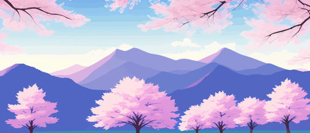 Sunny spring landscape with blossoming tree on the hill. Rose petals fly from sakura. Fluffy cartoon clouds on a clearのイラスト素材