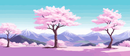 Sunny spring landscape with blossoming tree on the hill. Rose petals fly from sakura. Fluffy cartoon clouds on a clearのイラスト素材
