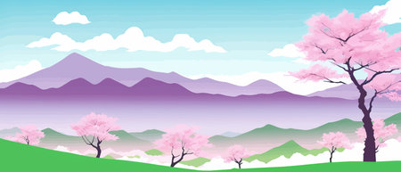 Sunny spring landscape with blossoming tree on the hill. Rose petals fly from sakura. Fluffy cartoon clouds on a clearのイラスト素材