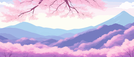 Sunny spring landscape with blossoming tree on the hill. Rose petals fly from sakura. Fluffy cartoon clouds on a clearのイラスト素材