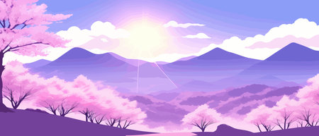 Sunny spring landscape with blossoming tree on the hill. Rose petals fly from sakura. Fluffy cartoon clouds on a clearのイラスト素材