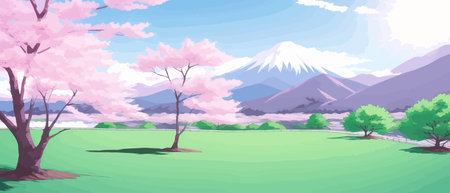 Sunny spring landscape with blossoming tree on the hill. Rose petals fly from sakura. Fluffy cartoon clouds on a clearのイラスト素材