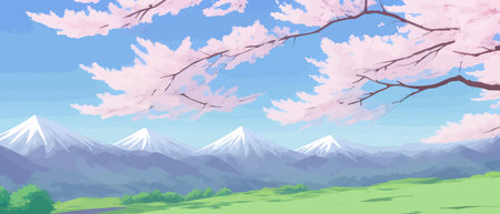 Sunny spring landscape with blossoming tree on the hill. Rose petals fly from sakura. Fluffy cartoon clouds on a clearのイラスト素材