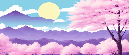 Sunny spring landscape with blossoming tree on the hill. Rose petals fly from sakura. Fluffy cartoon clouds on a clearのイラスト素材