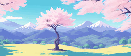 Sunny spring landscape with blossoming tree on the hill. Rose petals fly from sakura. Fluffy cartoon clouds on a clearのイラスト素材