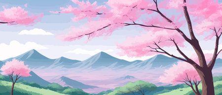 Sunny spring landscape with blossoming tree on the hill. Rose petals fly from sakura. Fluffy cartoon clouds on a clearのイラスト素材