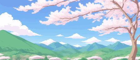 Sunny spring landscape with blossoming tree on the hill. Rose petals fly from sakura. Fluffy cartoon clouds on a clearのイラスト素材