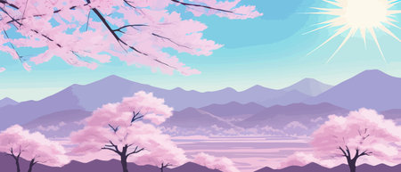Sunny spring landscape with blossoming tree on the hill. Rose petals fly from sakura. Fluffy cartoon clouds on a clearのイラスト素材