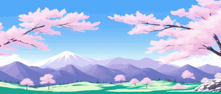 Sunny spring landscape with blossoming tree on the hill. Rose petals fly from sakura. Fluffy cartoon clouds on a clearのイラスト素材