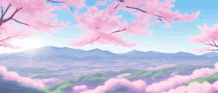 Sunny spring landscape with blossoming tree on the hill. Rose petals fly from sakura. Fluffy cartoon clouds on a clearのイラスト素材