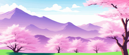 Sunny spring landscape with blossoming tree on the hill. Rose petals fly from sakura. Fluffy cartoon clouds on a clearのイラスト素材