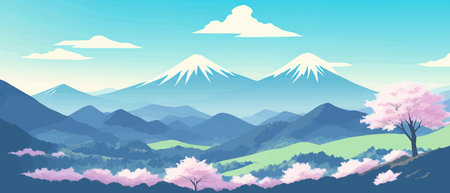 Sunny spring landscape with blossoming tree on the hill. Rose petals fly from sakura. Fluffy cartoon clouds on a clearのイラスト素材