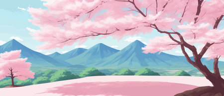 Sunny spring landscape with blossoming tree on the hill. Rose petals fly from sakura. Fluffy cartoon clouds on a clearのイラスト素材