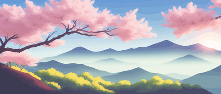 Sunny spring landscape with blossoming tree on the hill. Rose petals fly from sakura. Fluffy cartoon clouds on a clearのイラスト素材