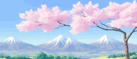 Sunny spring landscape with blossoming tree on the hill. Rose petals fly from sakura. Fluffy cartoon clouds on a clearのイラスト素材