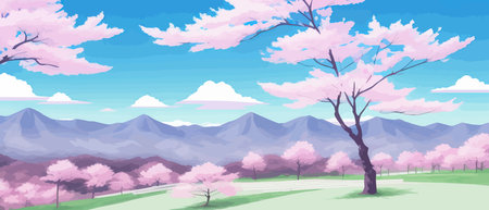 Sunny spring landscape with blossoming tree on the hill. Rose petals fly from sakura. Fluffy cartoon clouds on a clearのイラスト素材
