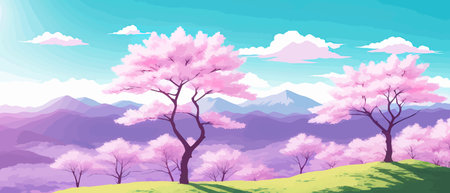 Sunny spring landscape with blossoming tree on the hill. Rose petals fly from sakura. Fluffy cartoon clouds on a clearのイラスト素材