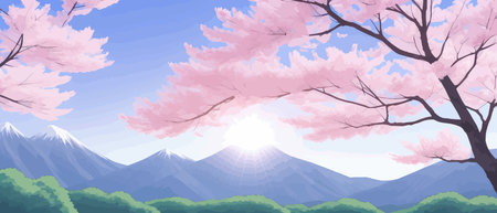 Sunny spring landscape with blossoming tree on the hill. Rose petals fly from sakura. Fluffy cartoon clouds on a clearのイラスト素材