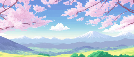 Sunny spring landscape with blossoming tree on the hill. Rose petals fly from sakura. Fluffy cartoon clouds on a clearのイラスト素材