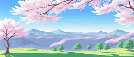 Sunny spring landscape with blossoming tree on the hill. Rose petals fly from sakura. Fluffy cartoon clouds on a clearのイラスト素材