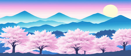 Sunny spring landscape with blossoming tree on the hill. Rose petals fly from sakura. Fluffy cartoon clouds on a clearのイラスト素材