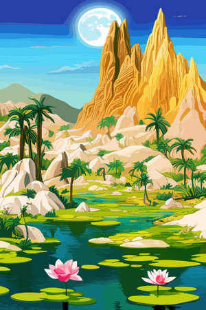 Waterfall painting with beautiful scenery. Landscape with treesのイラスト素材