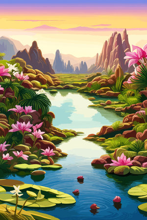 Waterfall painting with beautiful scenery. Landscape with treesのイラスト素材
