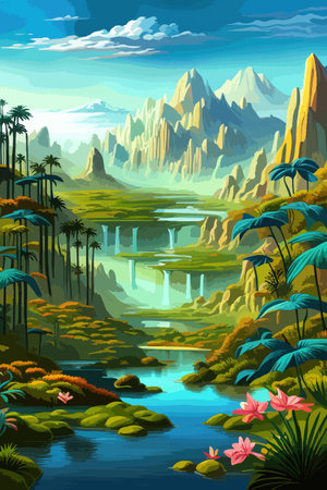 Waterfall painting with beautiful scenery. Landscape with treesのイラスト素材