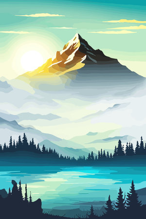 Seamless vector blue beautiful mountains patterned forest panorama illustration Mountainのイラスト素材