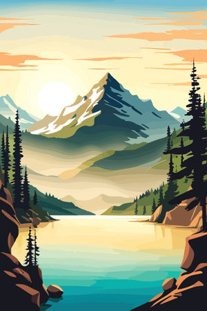 Seamless vector blue beautiful mountains patterned forest panorama illustration Mountainのイラスト素材