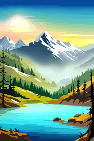 Seamless vector blue beautiful mountains patterned forest panorama illustration Mountainのイラスト素材