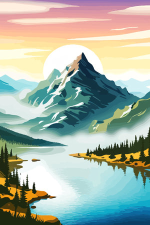 Seamless vector blue beautiful mountains patterned forest panorama illustration Mountainのイラスト素材