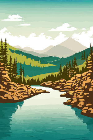 Seamless vector blue beautiful mountains patterned forest panorama illustration Mountainのイラスト素材