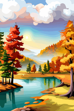 Beautiful autumn daytime landscape of a lake with mountains, trees and autumn leavesのイラスト素材
