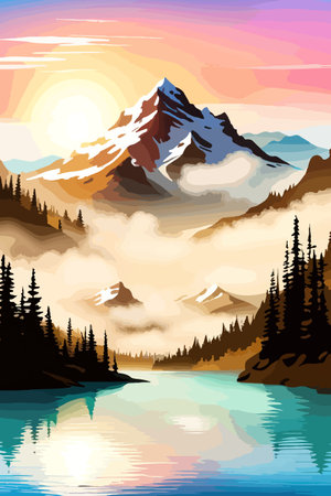 Seamless vector blue beautiful mountains patterned forest panorama illustration Mountainのイラスト素材