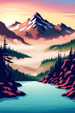 Seamless vector blue beautiful mountains patterned forest panorama illustration Mountainのイラスト素材