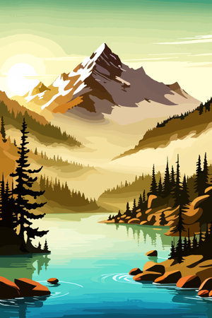 Seamless vector blue beautiful mountains patterned forest panorama illustration Mountainのイラスト素材