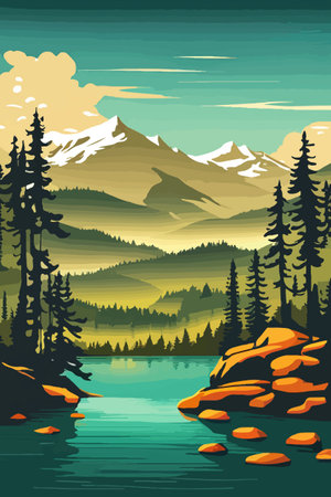 Seamless vector blue beautiful mountains patterned forest panorama illustration Mountainのイラスト素材
