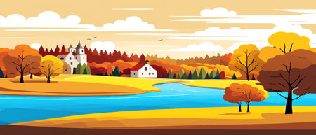 Autumn landscape with trees, mountains, fields, leaves. Rural landscape. Autumn background. Vector illustration horizontal bannerのイラスト素材