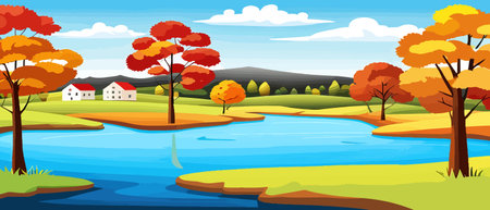 Autumn landscape with trees, mountains, fields, leaves. Rural landscape. Autumn background. Vector illustration horizontal banner