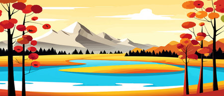 Autumn landscape with trees, mountains, fields, leaves. Rural landscape. Autumn background. Vector illustration horizontal bannerのイラスト素材