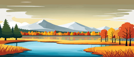 Autumn landscape with trees, mountains, fields, leaves. Rural landscape. Autumn background. Vector illustration horizontal bannerのイラスト素材