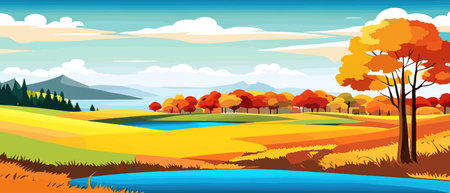 Autumn landscape with trees, mountains, fields, leaves. Rural landscape. Autumn background. Vector illustration horizontal bannerのイラスト素材