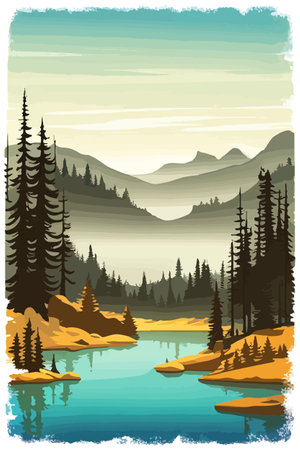Seamless vector blue beautiful mountains patterned forest panorama illustration Mountainのイラスト素材