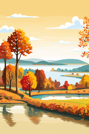 Beautiful autumn daytime landscape of a lake with mountains, trees and autumn leaves, firsのイラスト素材