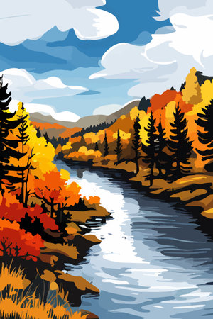 Beautiful autumn daytime landscape of a lake with mountains, trees and autumn leavesのイラスト素材